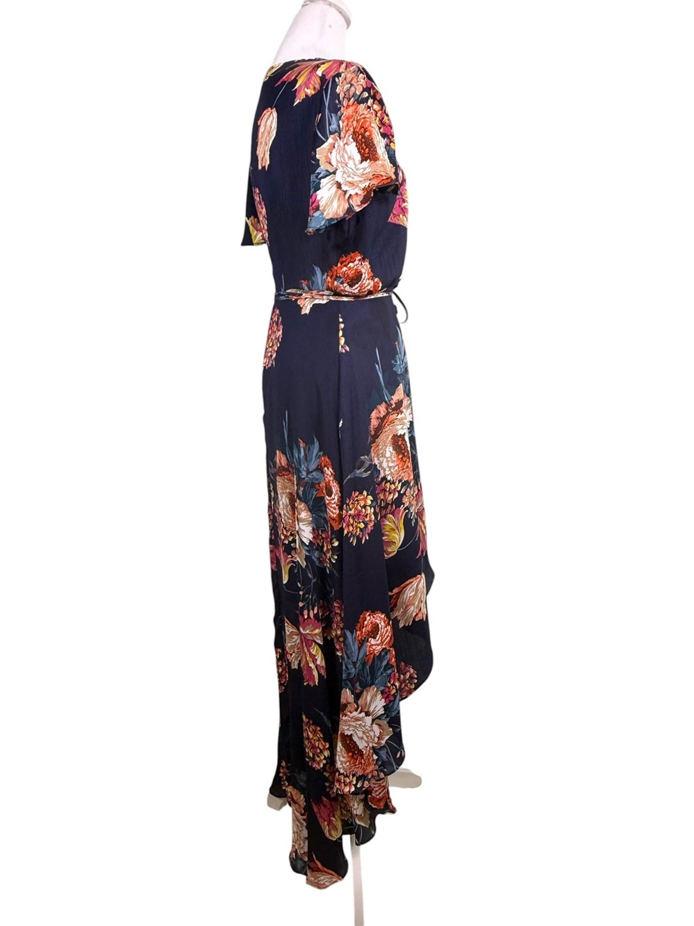 Aakaa Navy Floral High-Low Wrap Dress | Boho Fall Wedding Guest Maxi S - Picture 4 of 11
